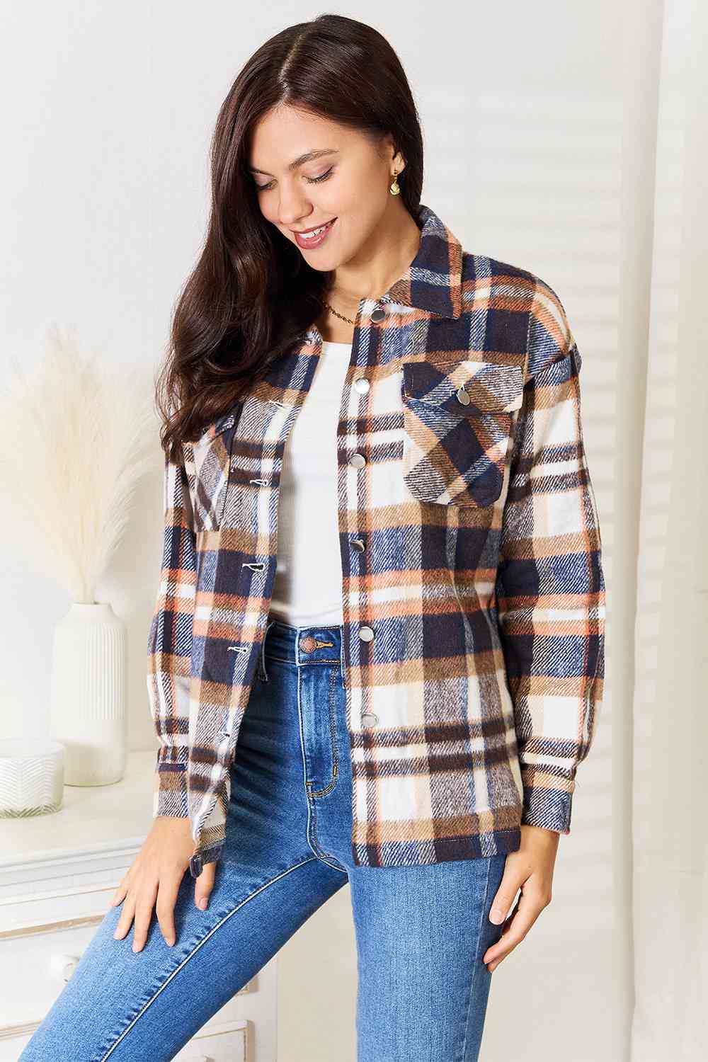 Double Take Plaid Button Front Shirt Jacket with Breast Pockets (BFD) T - Deals DejaVu