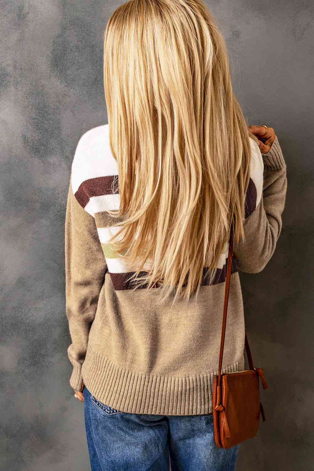 Striped Ribbed Trim Drop Shoulder Sweater - Deals DejaVu