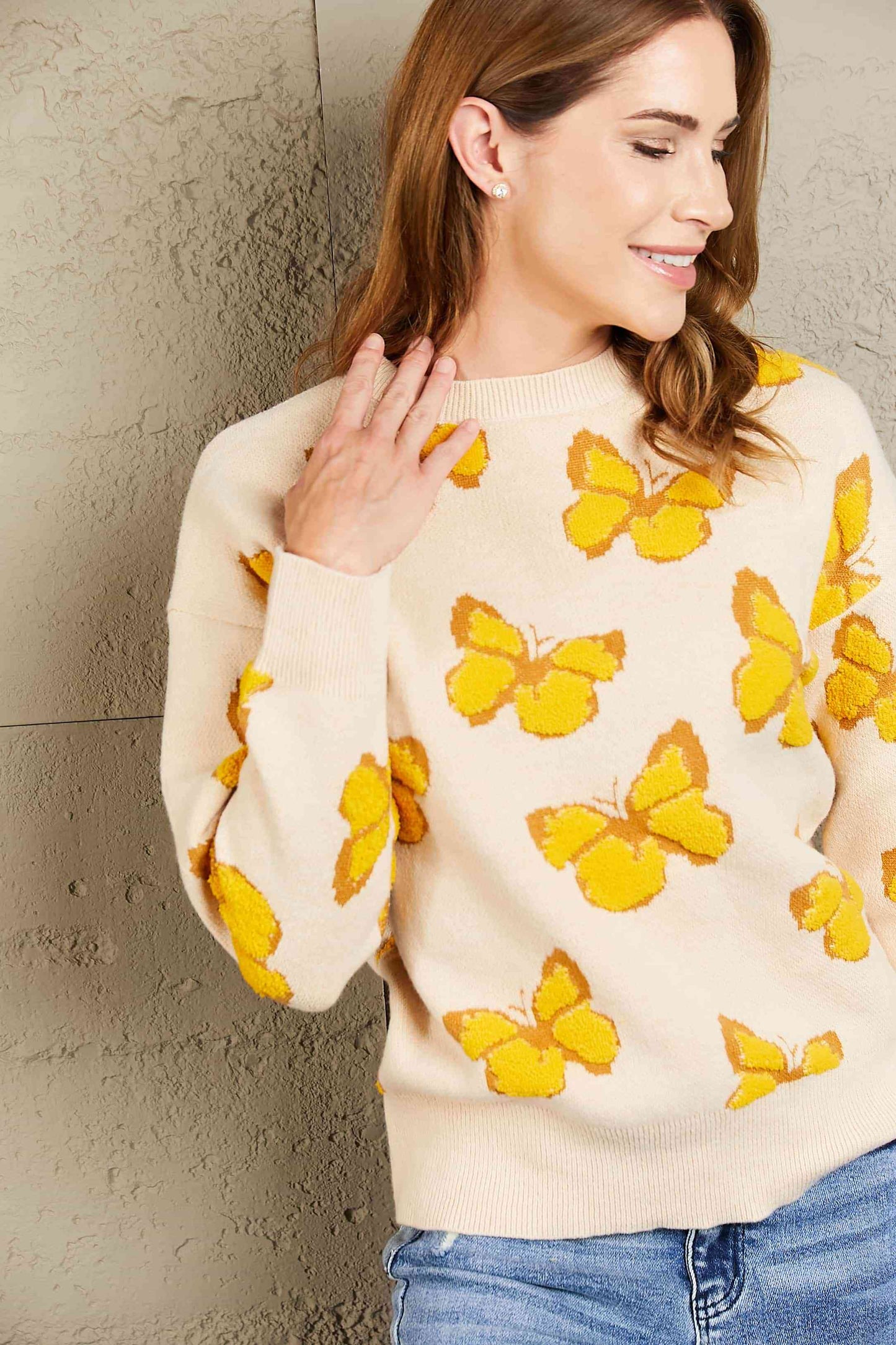 Woven Right Butterfly Dropped Shoulder Crewneck Sweater - Deals DejaVu