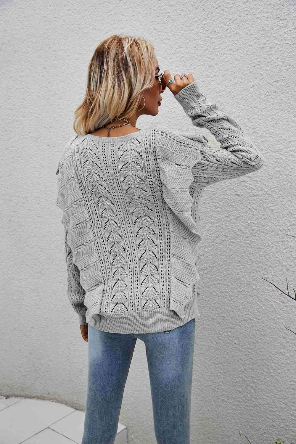 Openwork Round Neck Ruffled Sweater