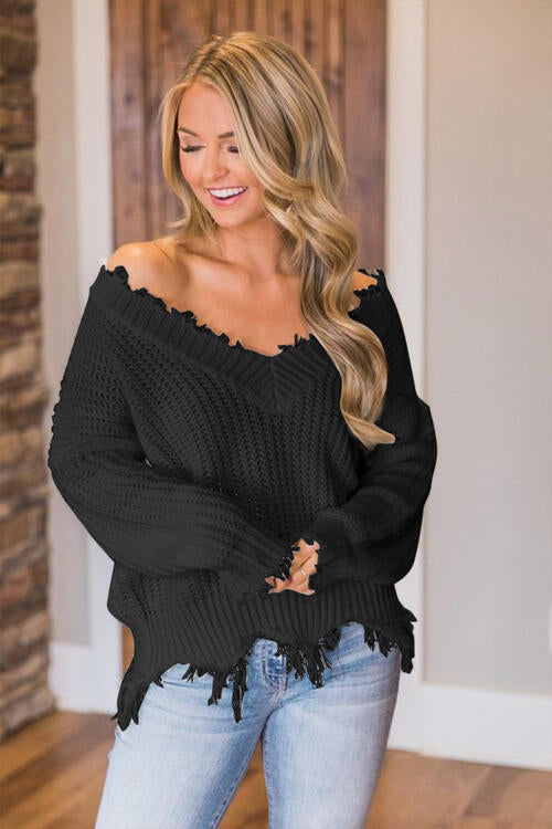 Frayed Hem Dropped Shoulder Sweater - Deals DejaVu