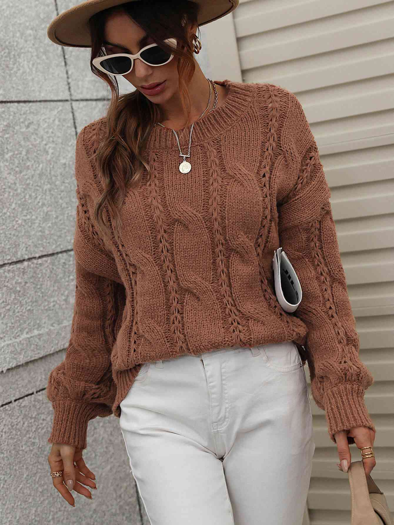 Woven Right Cable-Knit Openwork Round Neck Sweater