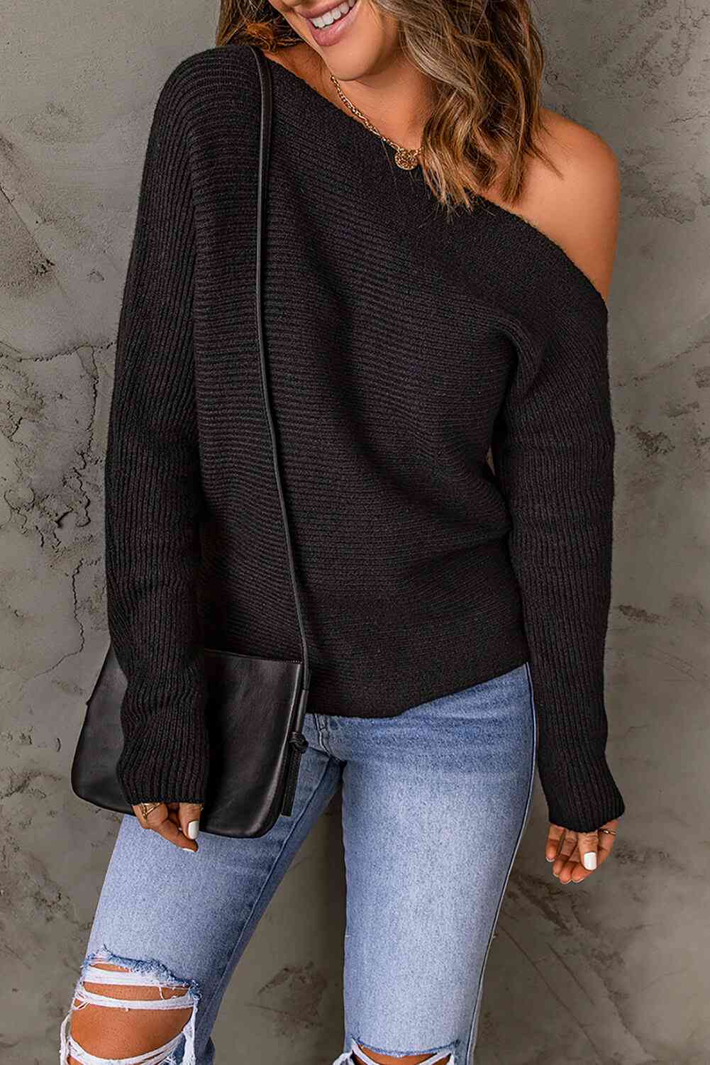 Double Take Horizontal Ribbing One-Shoulder Sweater - Deals DejaVu