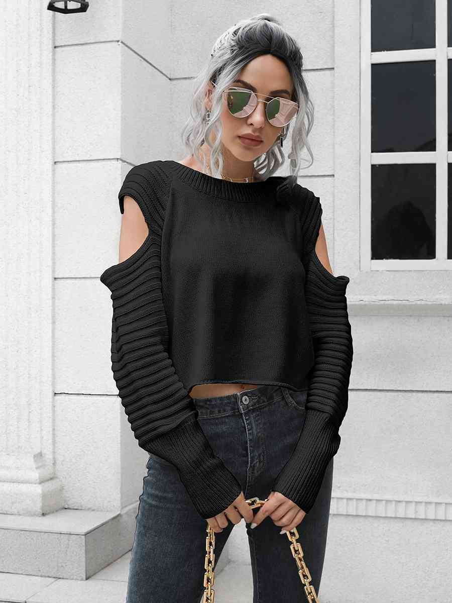 Cold-Shoulder Ribbed Trim Sweater - Deals DejaVu