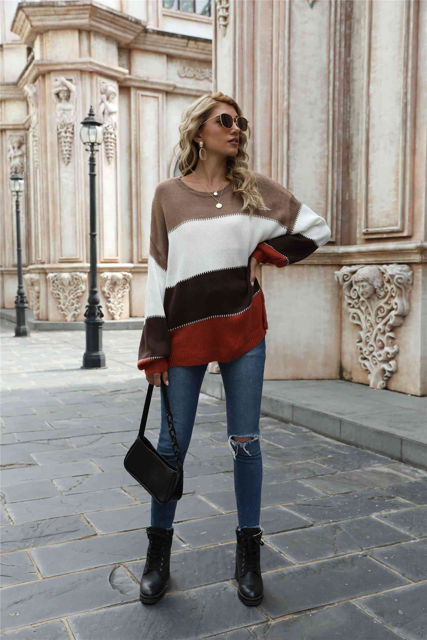 Color Block Round Neck Sweater - Deals DejaVu