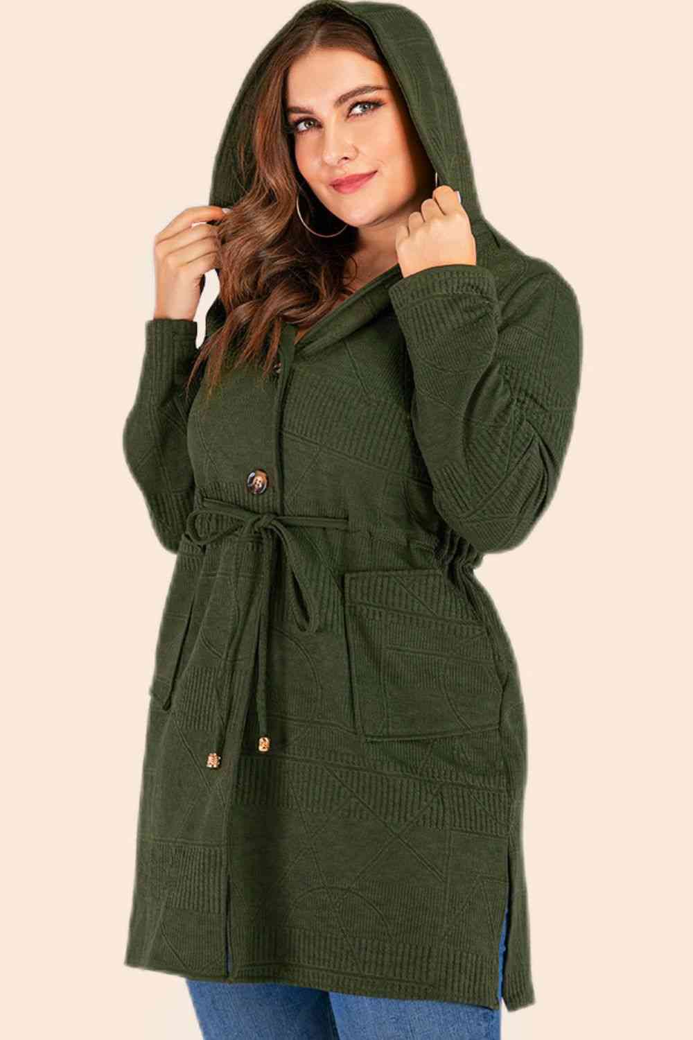 Plus Size Drawstring Waist Hooded Cardigan with Pockets - Deals DejaVu