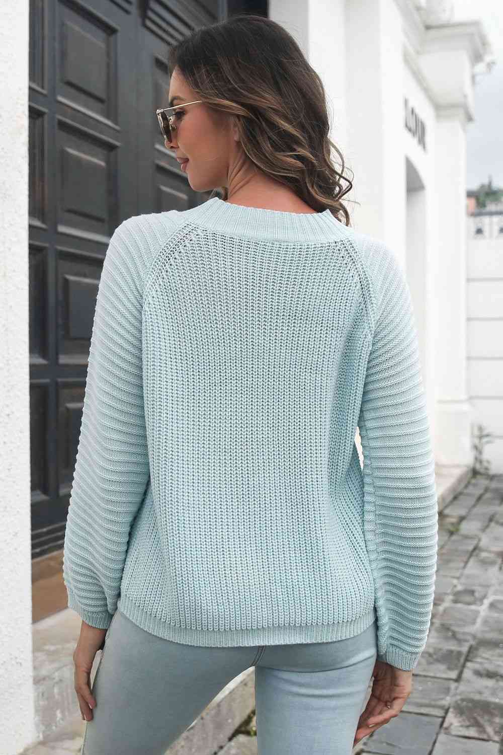 Round Neck Rib-Knit Sweater - Deals DejaVu