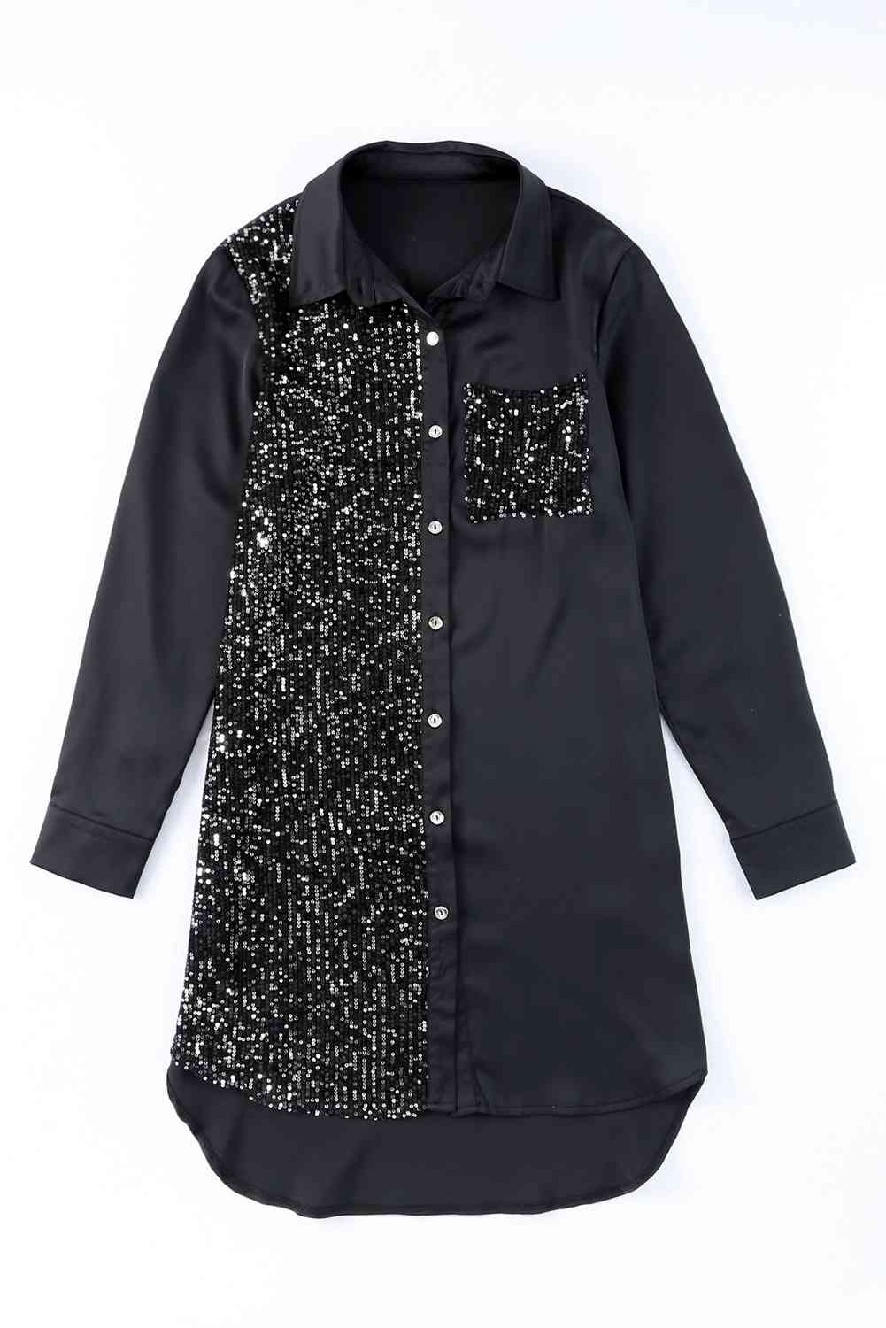 Sequin Button Front High-Low Shirt Dress (MWBT) T - Deals DejaVu