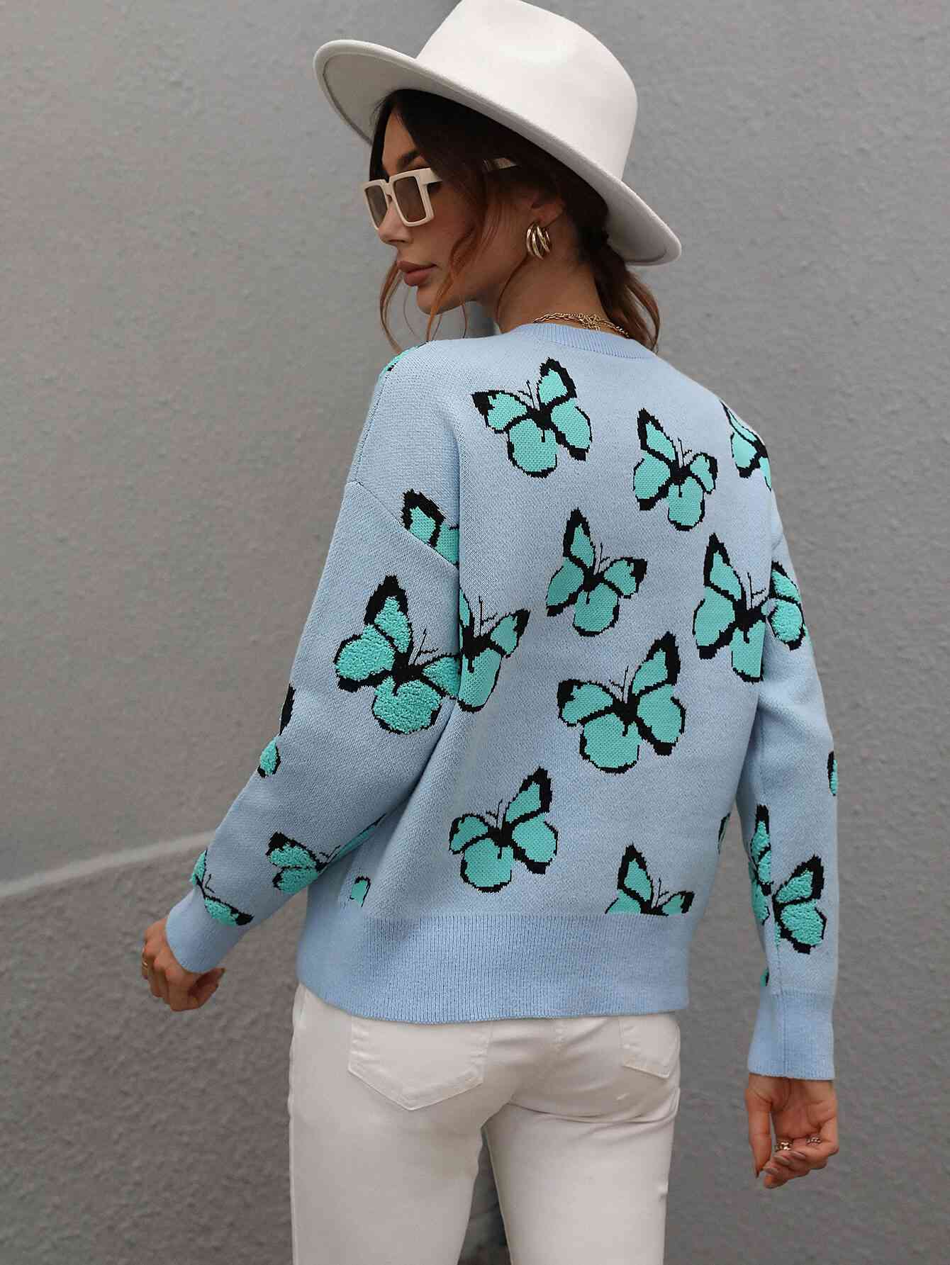 Woven Right Butterfly Dropped Shoulder Crewneck Sweater - Deals DejaVu