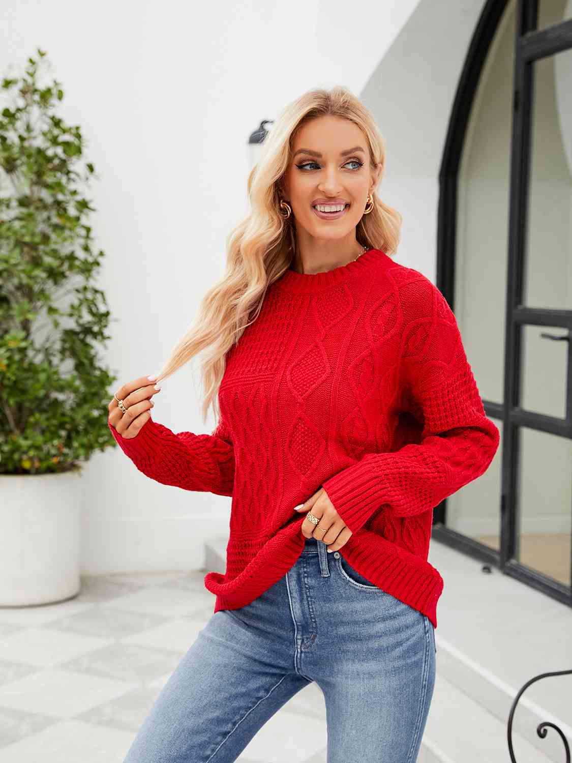 Round Neck Dropped Shoulder Sweater - Deals DejaVu