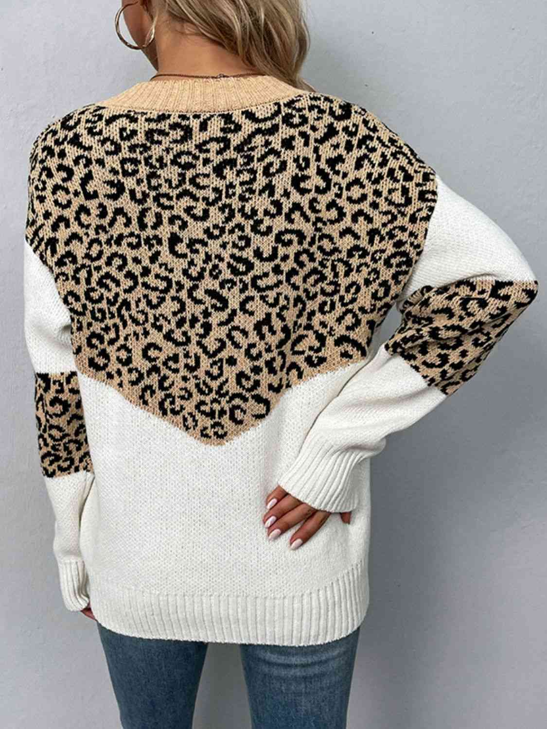 Leopard V-Neck Dropped Shoulder Sweater - Deals DejaVu