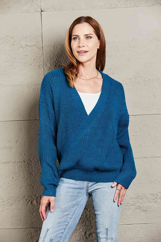 Double Take Surplice Neck Dropped Shoulder Sweater