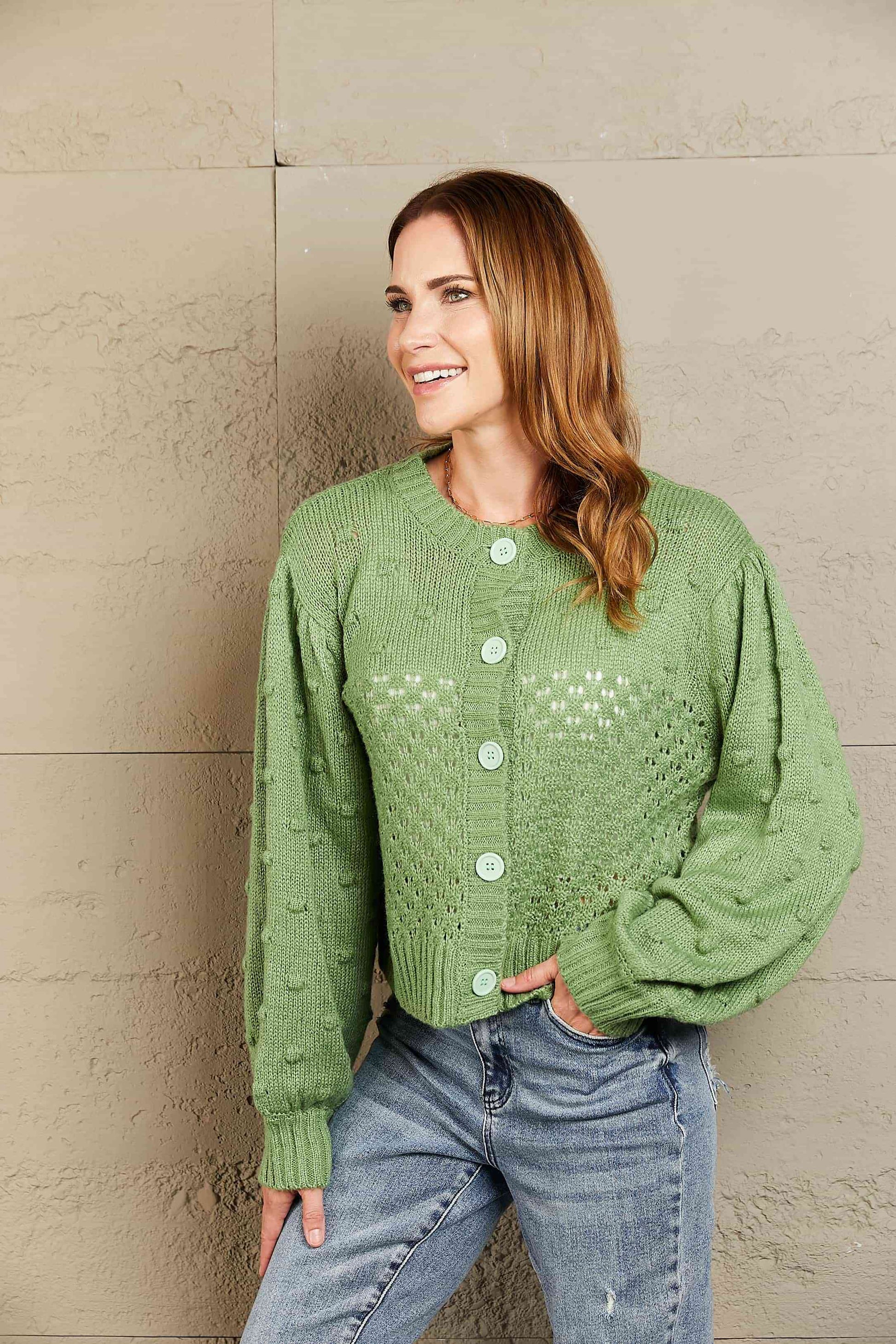 Woven Right Openwork Pompom Puff Sleeve Cardigan - Deals DejaVu