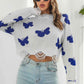 Printed Round Neck Ribbed Long Sleeve Sweater