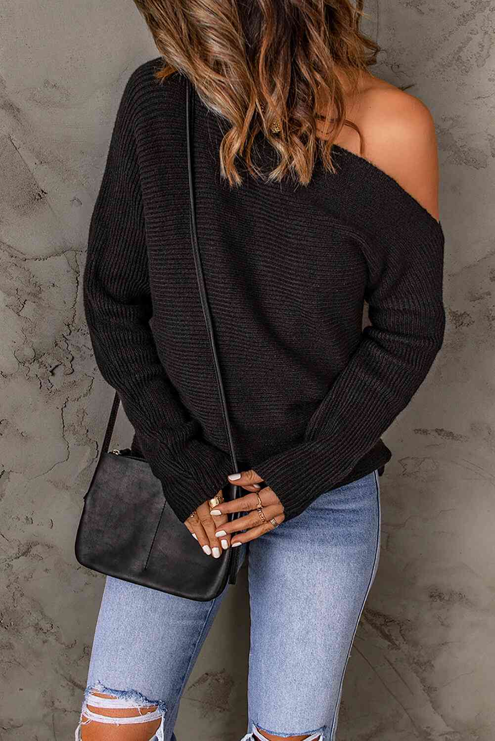 Double Take Horizontal Ribbing One-Shoulder Sweater - Deals DejaVu