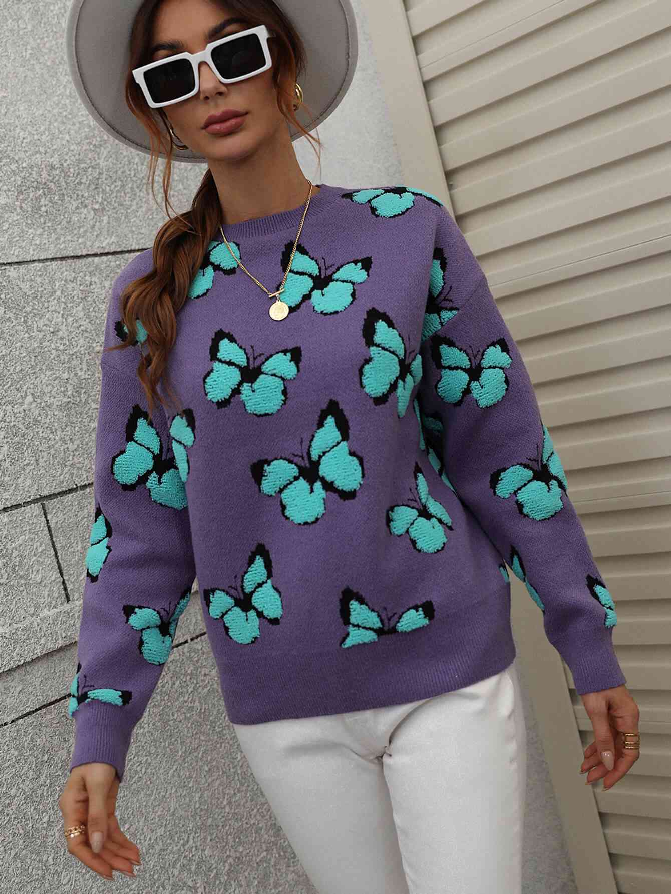 Woven Right Butterfly Dropped Shoulder Crewneck Sweater - Deals DejaVu