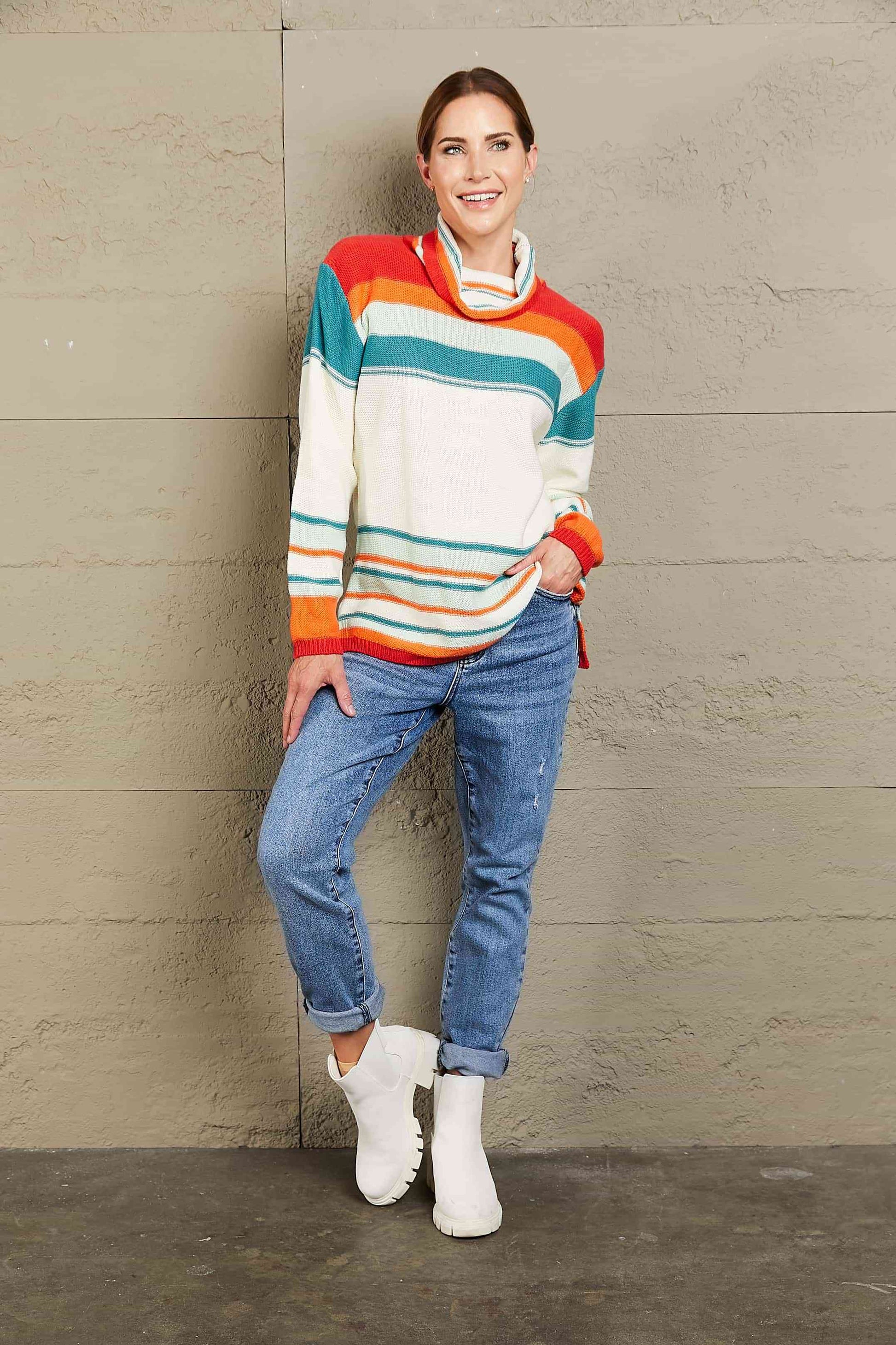 Woven Right Striped Turtleneck Drop Shoulder Sweater - Deals DejaVu