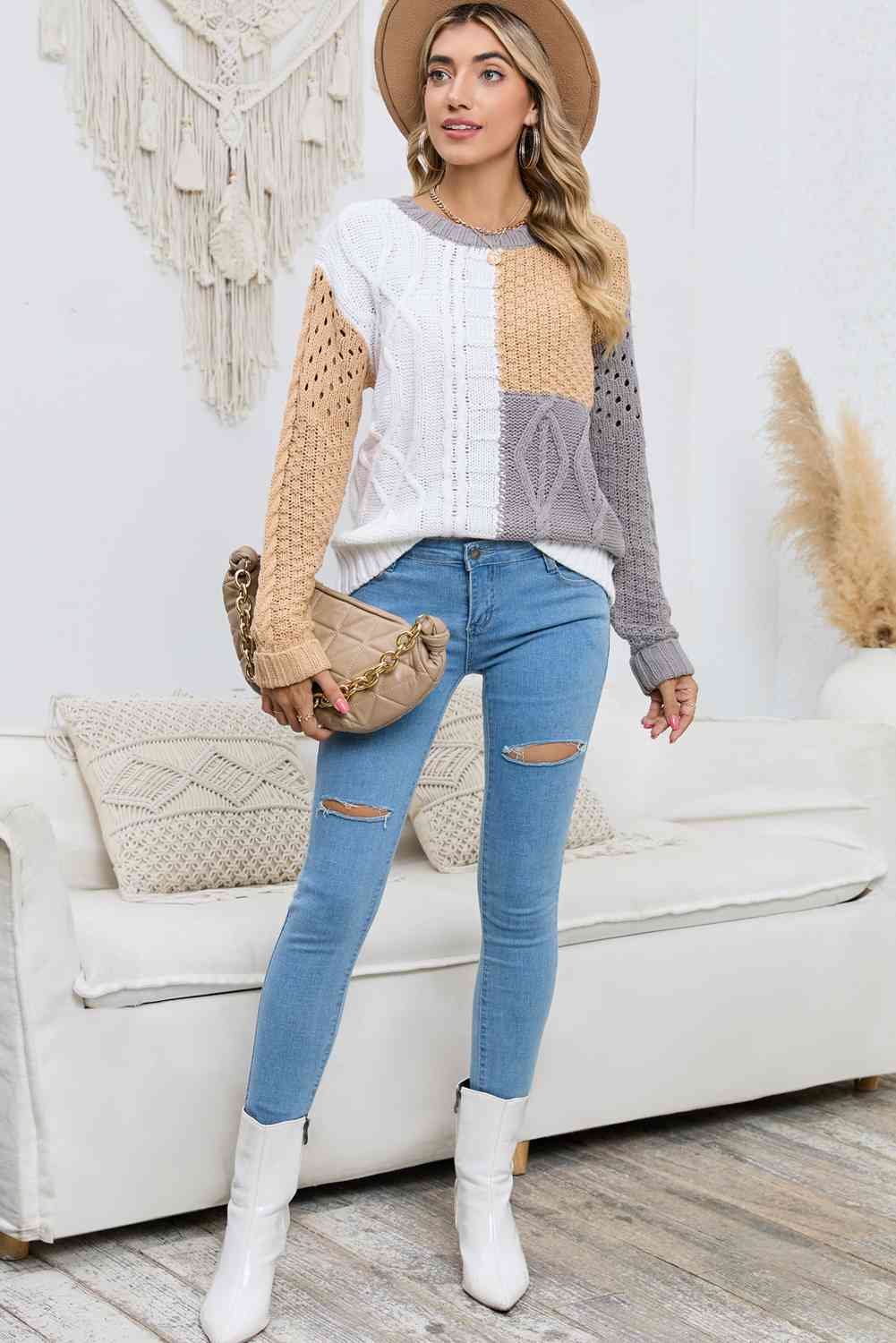 Cable-Knit Openwork Round Neck Color Block Sweater - Deals DejaVu