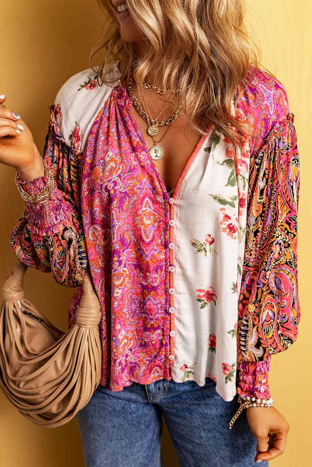 Multicolor Floral Notched Neck Lantern Sleeve Blouse (BFD) T - Deals DejaVu