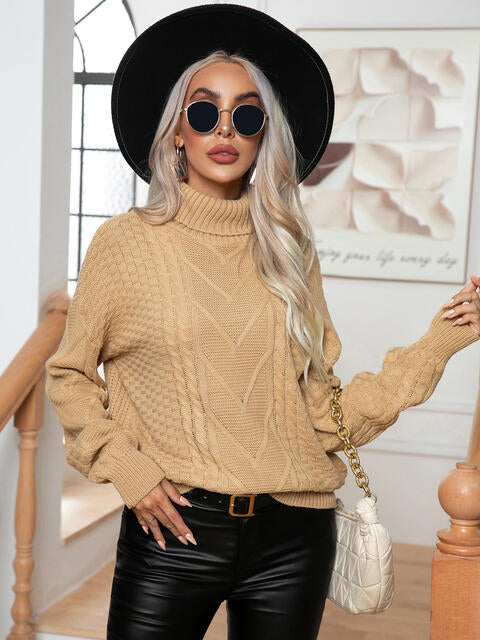 Turtleneck Cable-Knit Long Sleeve Sweater - Deals DejaVu