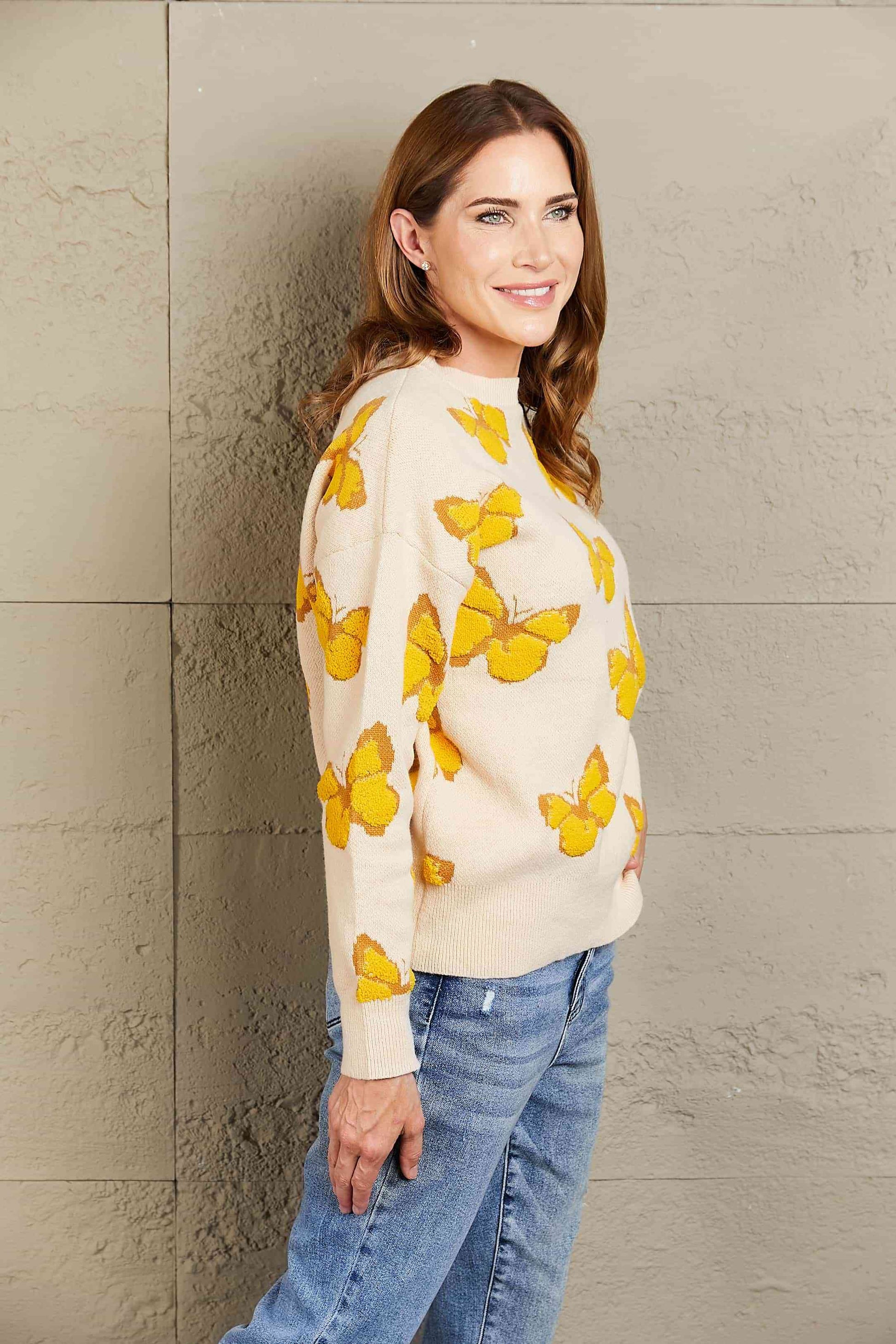 Woven Right Butterfly Dropped Shoulder Crewneck Sweater - Deals DejaVu