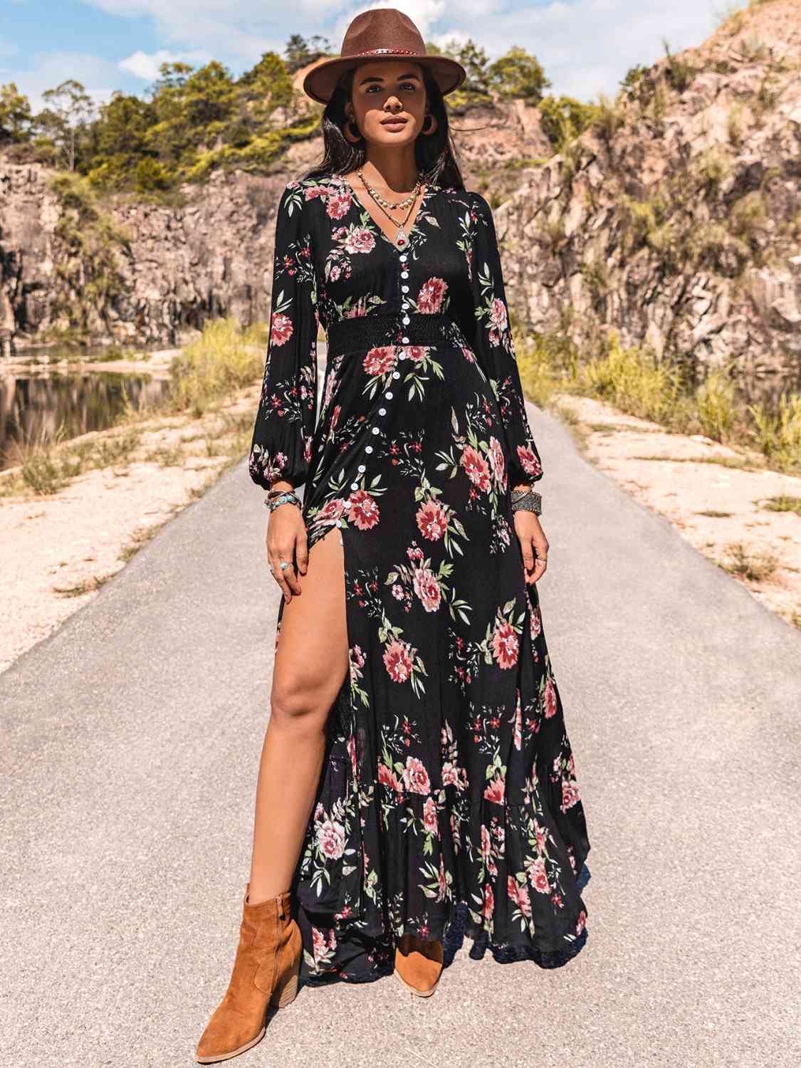 Floral V-Neck Split Maxi Dress (BWMT) T - Deals DejaVu