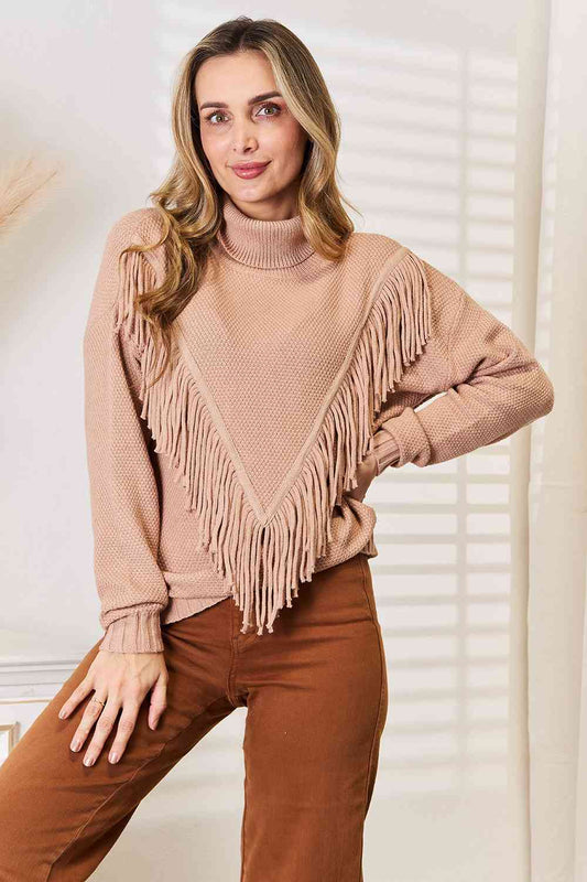 Woven Right Turtleneck Fringe Front Long Sleeve Sweater - Deals DejaVu