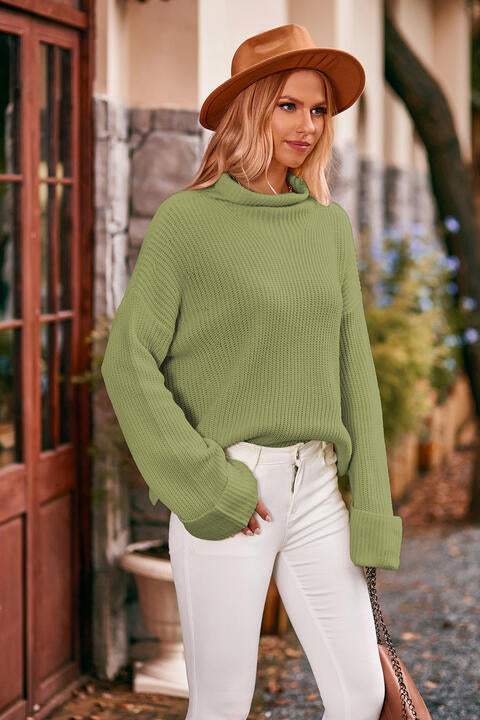 Mock Neck Drop Shoulder Sweater - Deals DejaVu