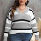 Plus Size Striped V-Neck Dropped Shoulder Sweater
