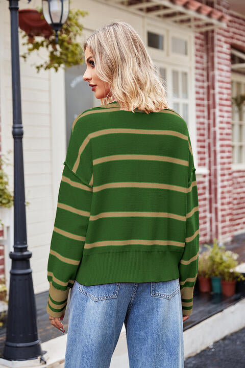 Striped Johnny Collar Sweater - Deals DejaVu