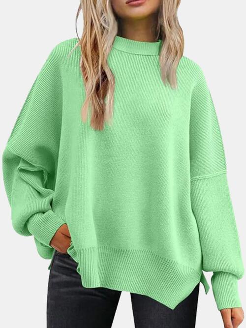 Round Neck Drop Shoulder Slit Sweater (BFD) T - Deals DejaVu