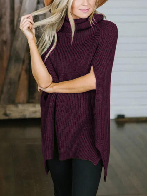 Turtleneck Slit Sweater - Deals DejaVu