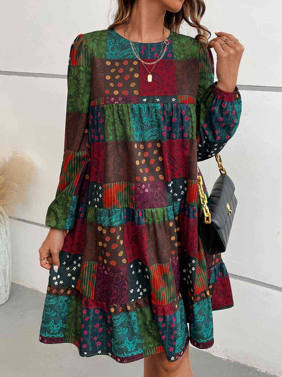 Patchwork Round Neck Long Sleeve Dress (MWBT) T - Deals DejaVu