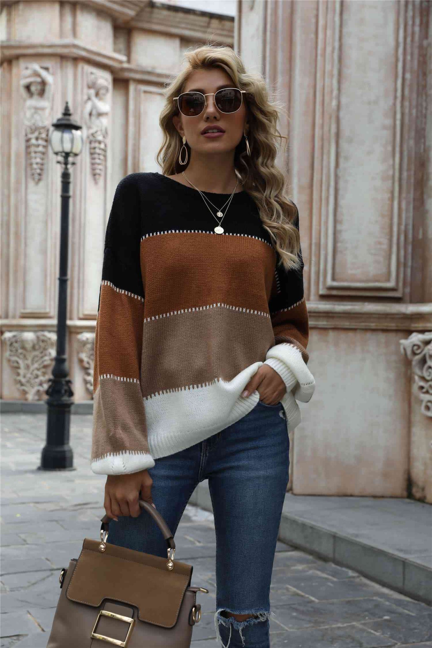 Color Block Round Neck Sweater - Deals DejaVu