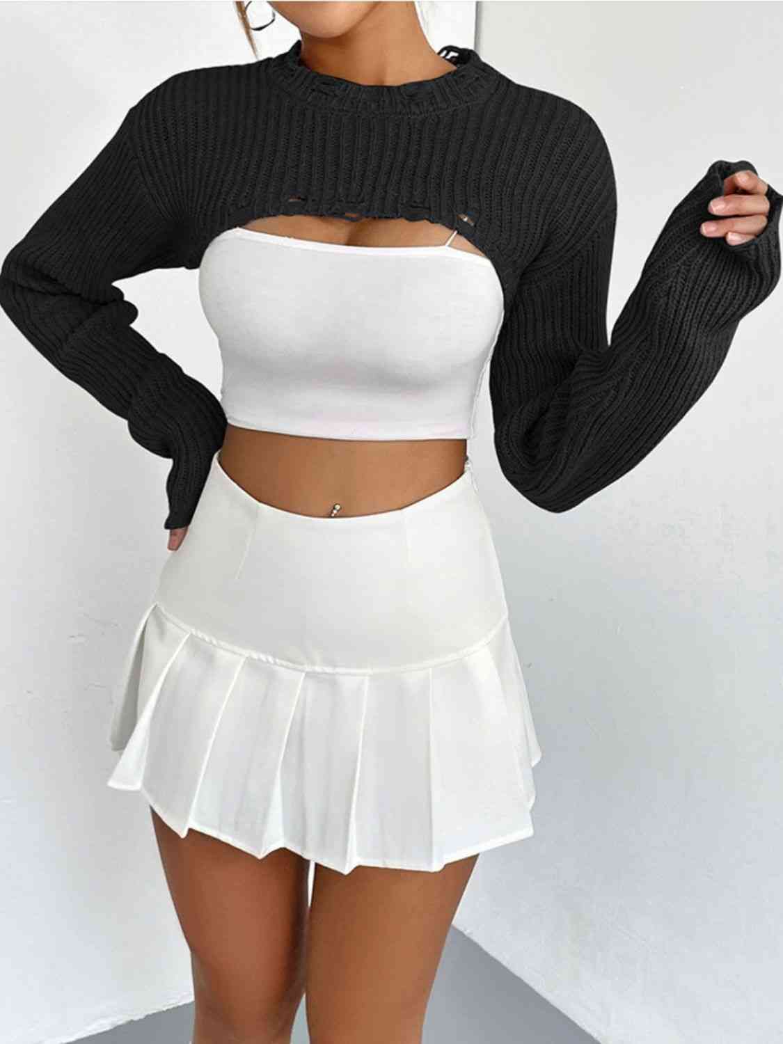 Distressed Long Sleeve Cropped Sweater - Deals DejaVu