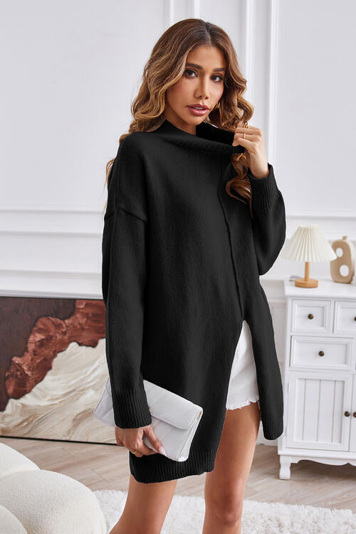 Exposed Seam Mock Neck Slit Sweater - Deals DejaVu