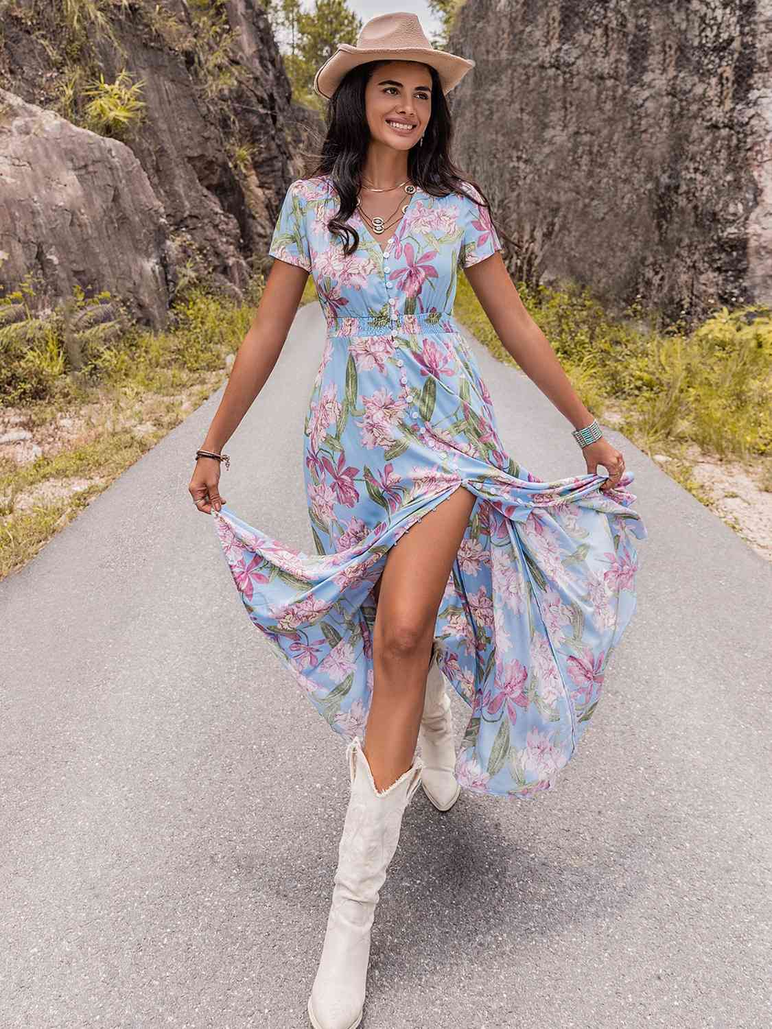 Floral V-Neck Slit Dress (MWBT) T - Deals DejaVu