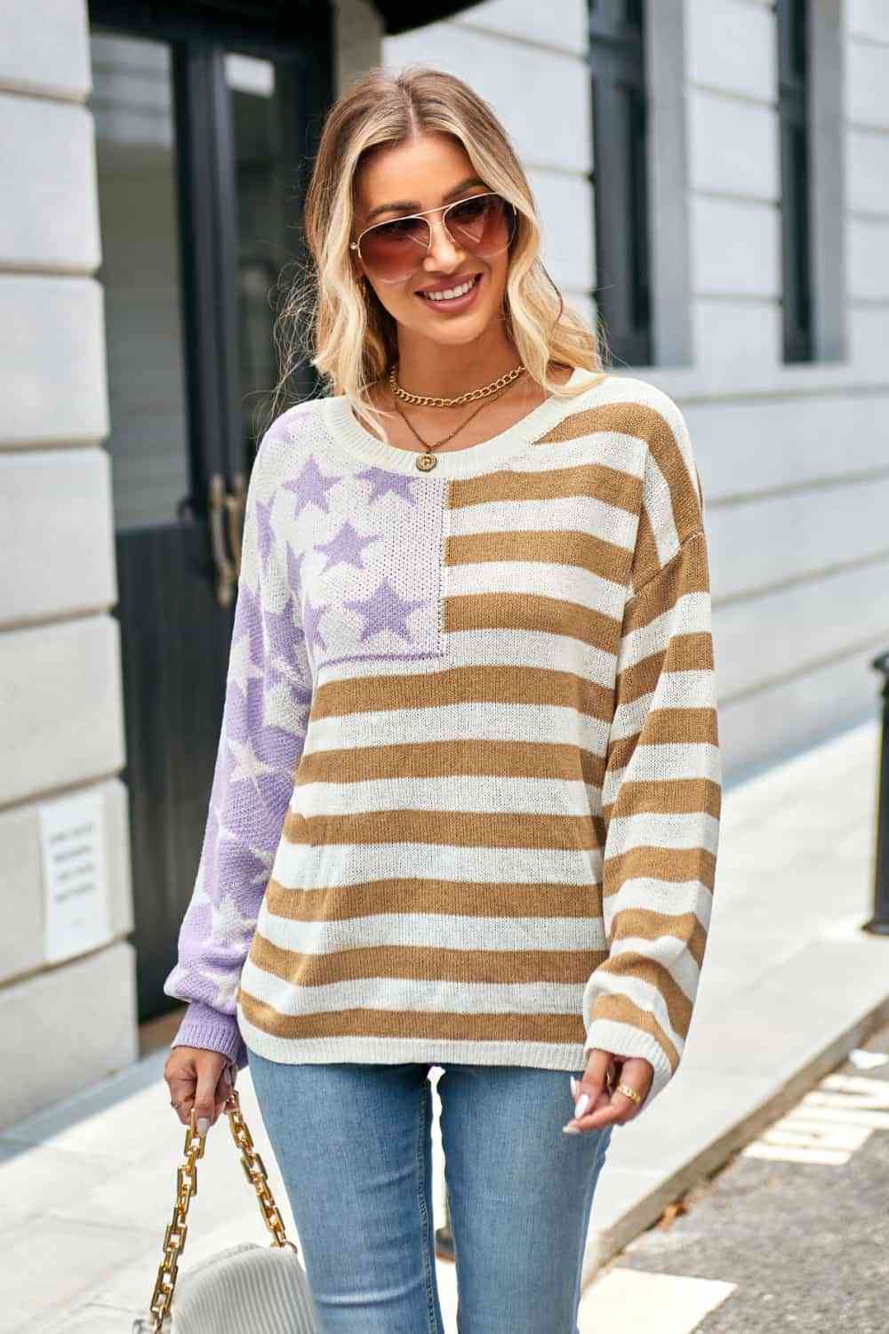 Round Neck US Flag Dropped Shoulder Sweater - Deals DejaVu