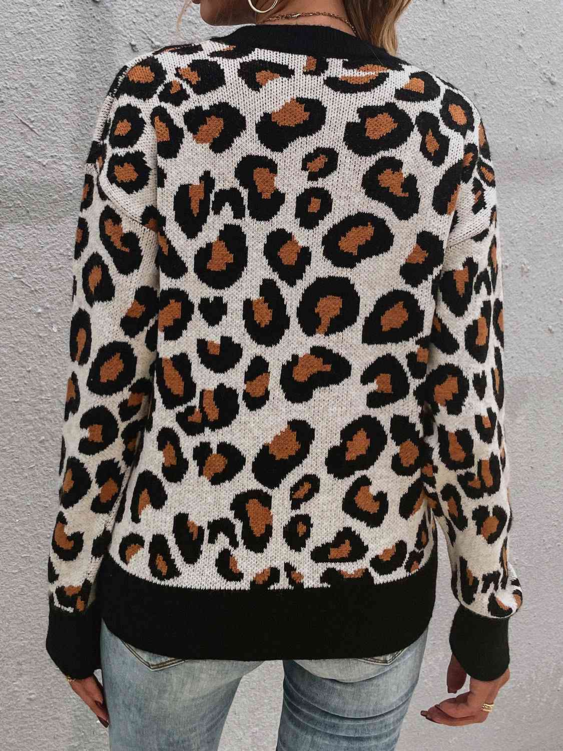 Leopard Round Neck Dropped Shoulder Sweater - Deals DejaVu