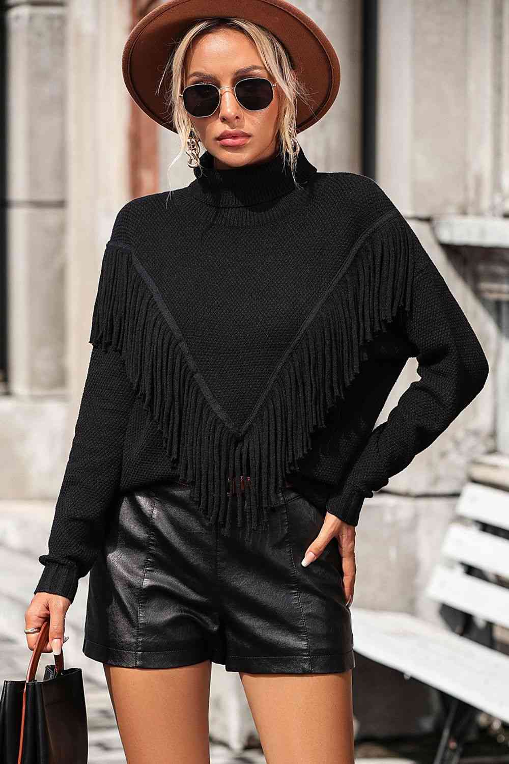 Turtle Neck Tassel Front Long Sleeve Pullover Sweater - Deals DejaVu