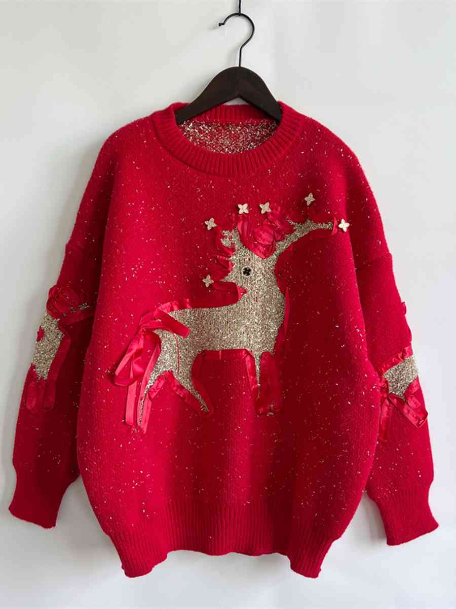 Reindeer Round Neck Long Sleeve Sweater - Deals DejaVu