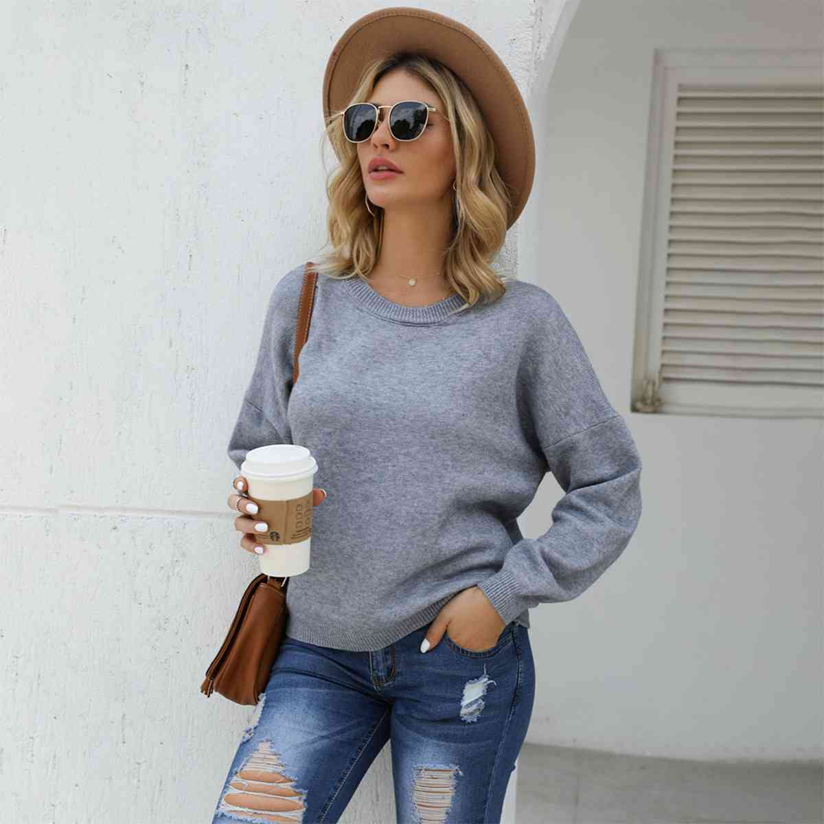 Round Neck Long Sleeve Drop Shoulder Sweater - Deals DejaVu