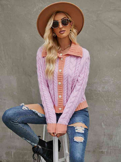 Collared Neck Long Sleeve Cardigan - Deals DejaVu