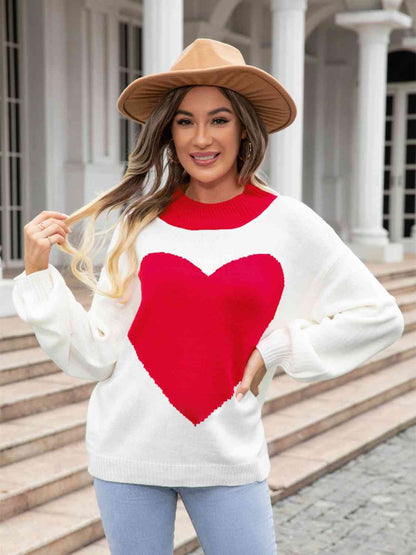 Heart Graphic Round Neck Sweater - Deals DejaVu