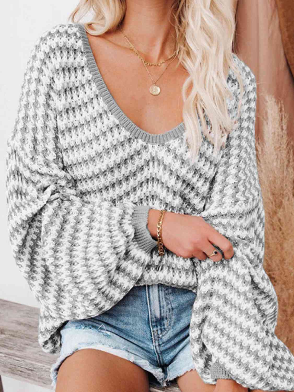 Striped Drop Shoulder V-Neck Sweater - Deals DejaVu