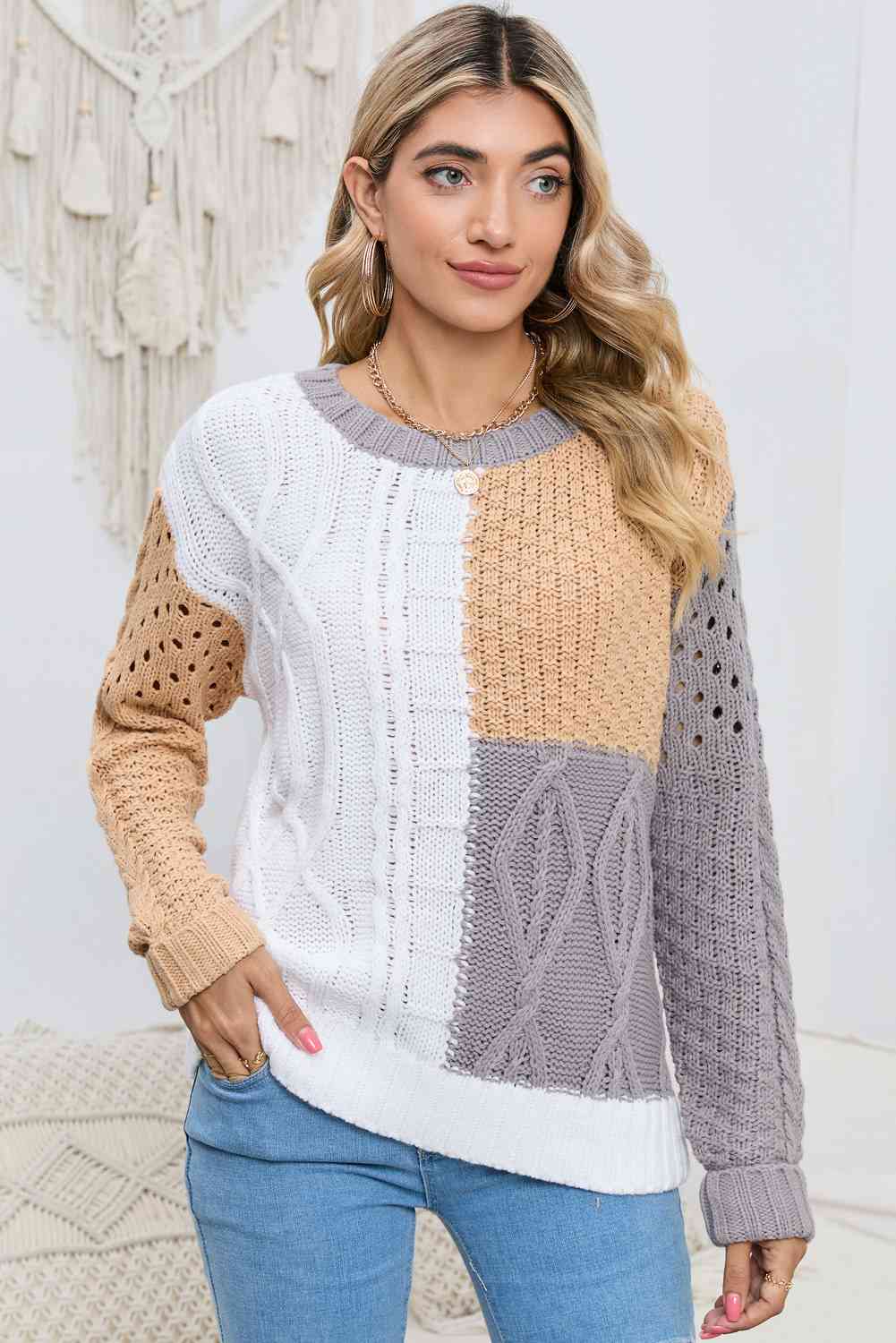 Cable-Knit Openwork Round Neck Color Block Sweater - Deals DejaVu