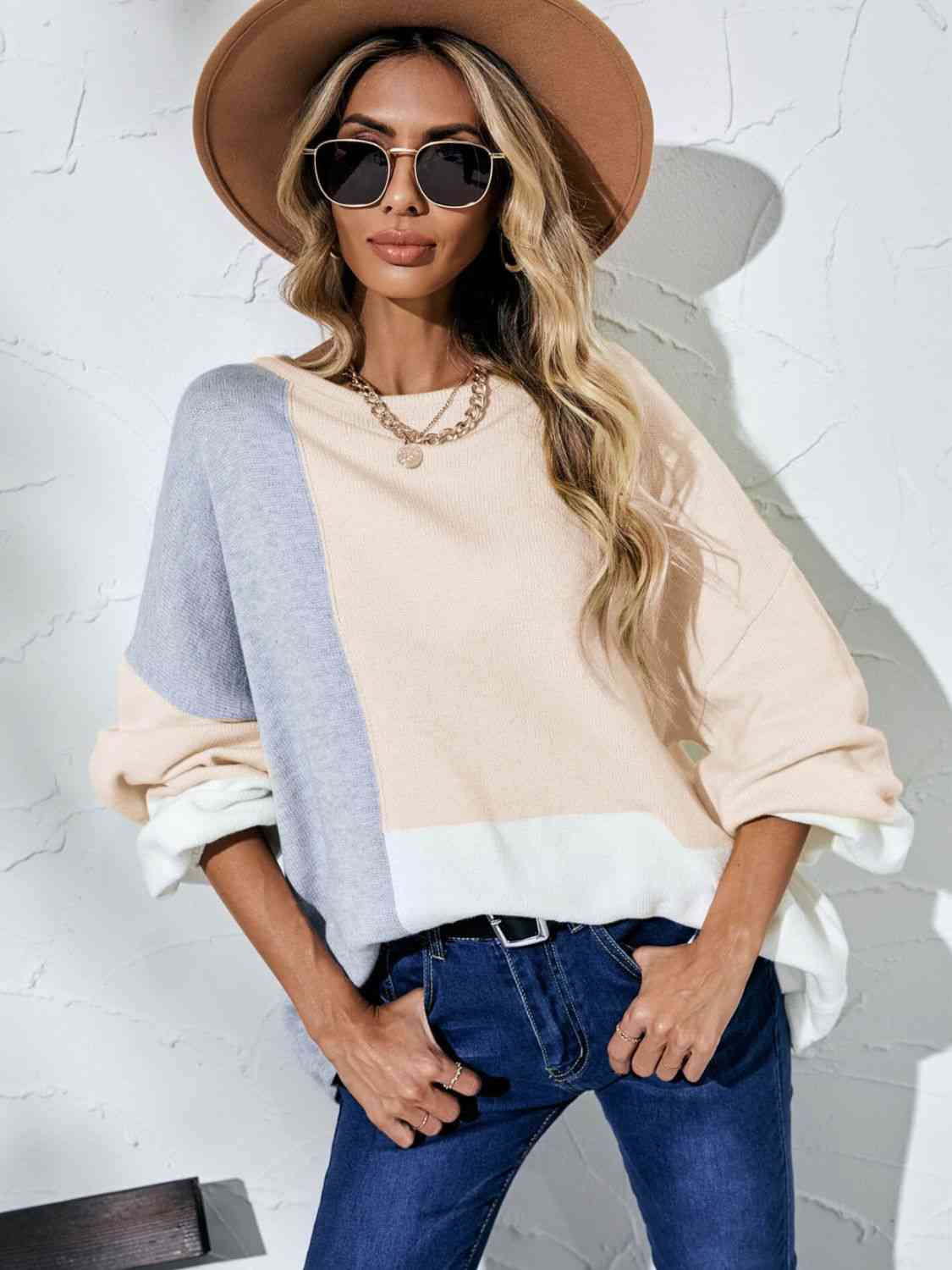 Color Block Balloon Sleeve Boat Neck Sweater - Deals DejaVu