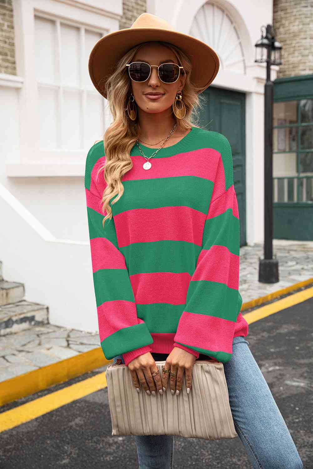 Striped Balloon Sleeve Knit Pullover - Deals DejaVu