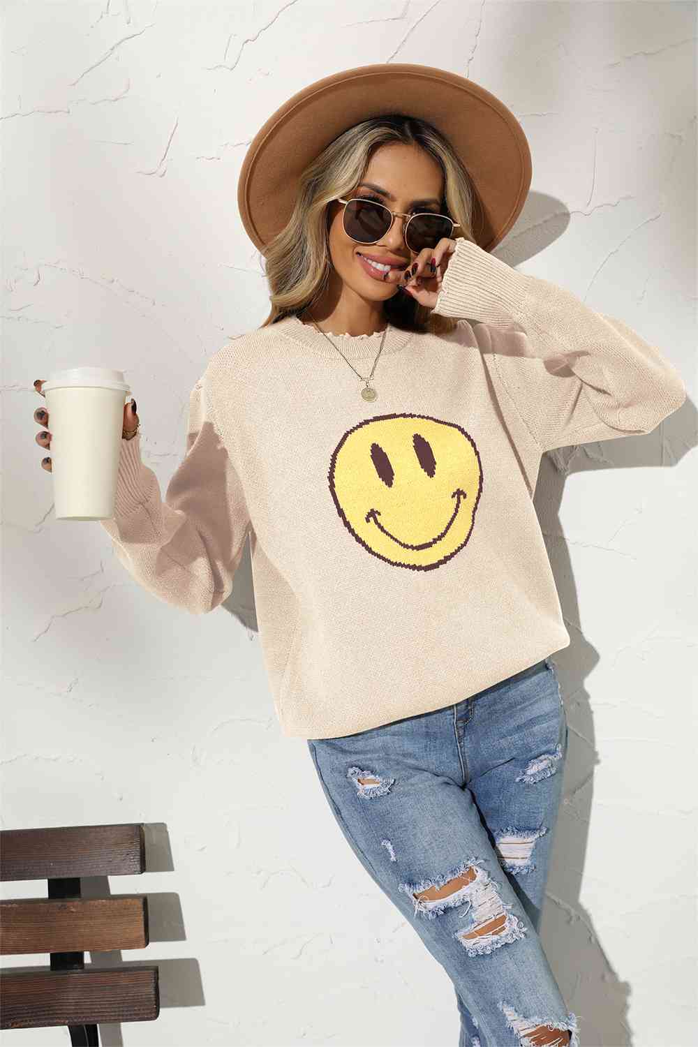 Round Neck Long Sleeve Smily Face Graphic Sweater (BFD) T - Deals DejaVu