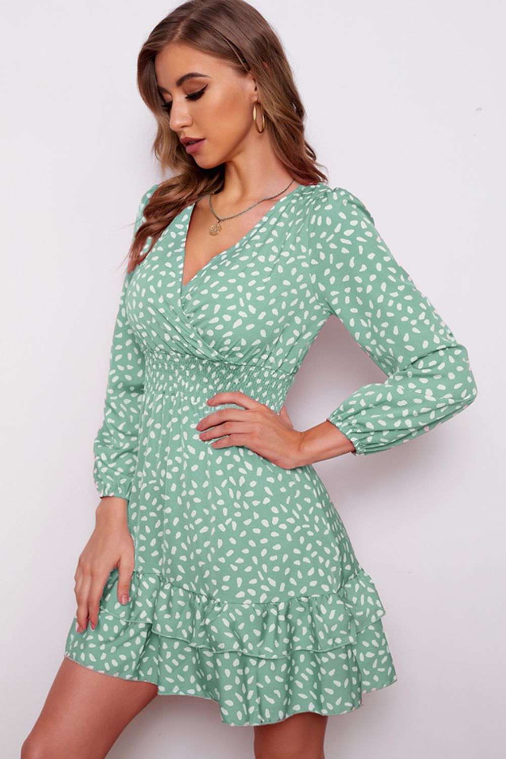 Printed Surplice Neck Puff Sleeve Ruffle Hem Dress (BWD)(WS06)T - Deals DejaVu